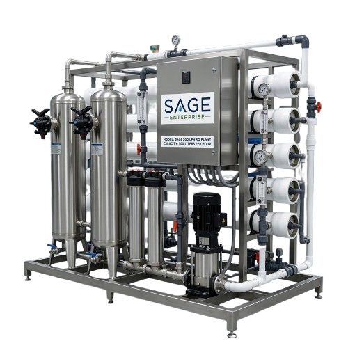 Sage commercial RO water treatment plant with pressure vessels, membranes, pump, and control panel