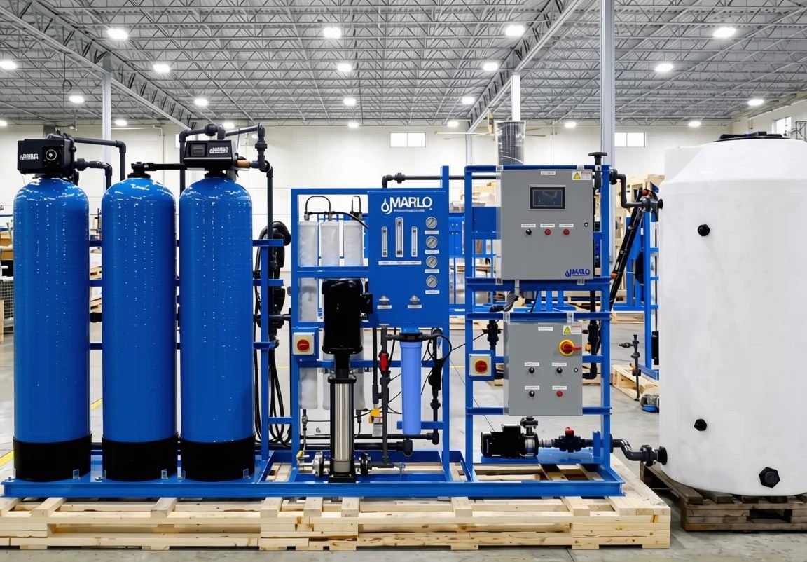 Commercial reverse-osmosis water treatment plant with pressure vessels, membrane rack, control panels, and storage tank
